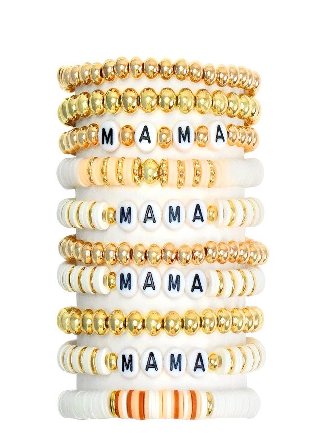 WYVAS MAMA Beaded Stretch Bracelets for Women Bohemian Summer Beach Stackable Polymer Clay Gold Beaded Stretch Bracelets Elastic Layering Friendship Boho Bracelets Set Christmas (10 Pcs) - Image 1